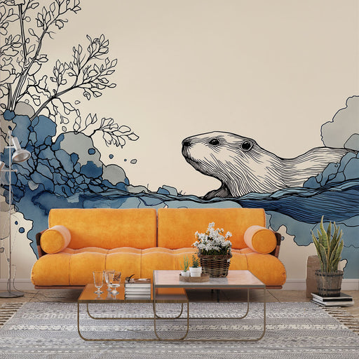 Une pièce moderne avec un papier peint illustrant une loutre stylisée émergeant de vagues bleues, créant une ambiance artistique et rafraîchissante.