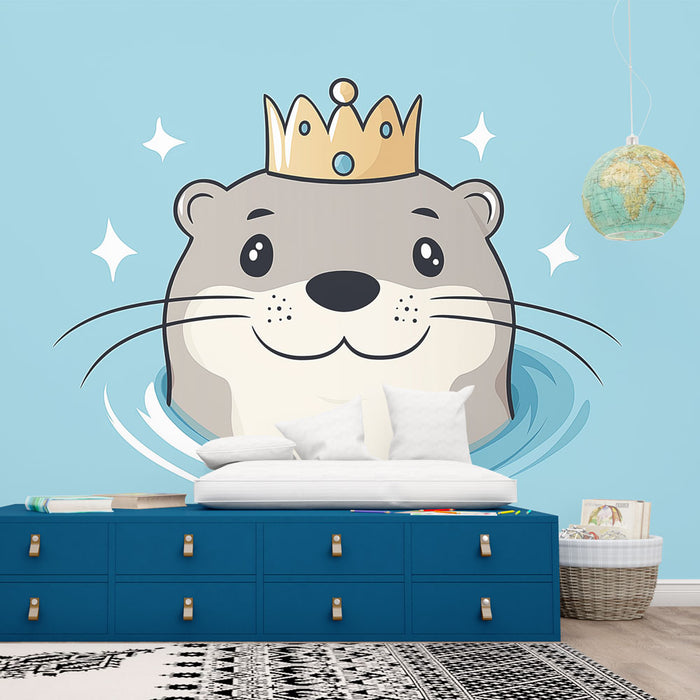 Papier peint loutre royale | Illustration mignonne d'une loutre avec une couronne