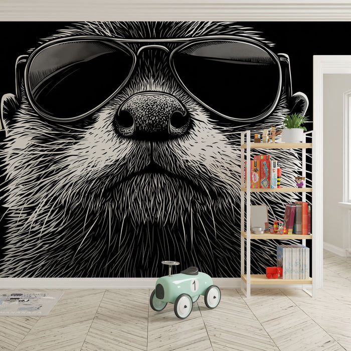 Papier peint loutre | Visage de loutre avec lunettes de soleil sur fond noir