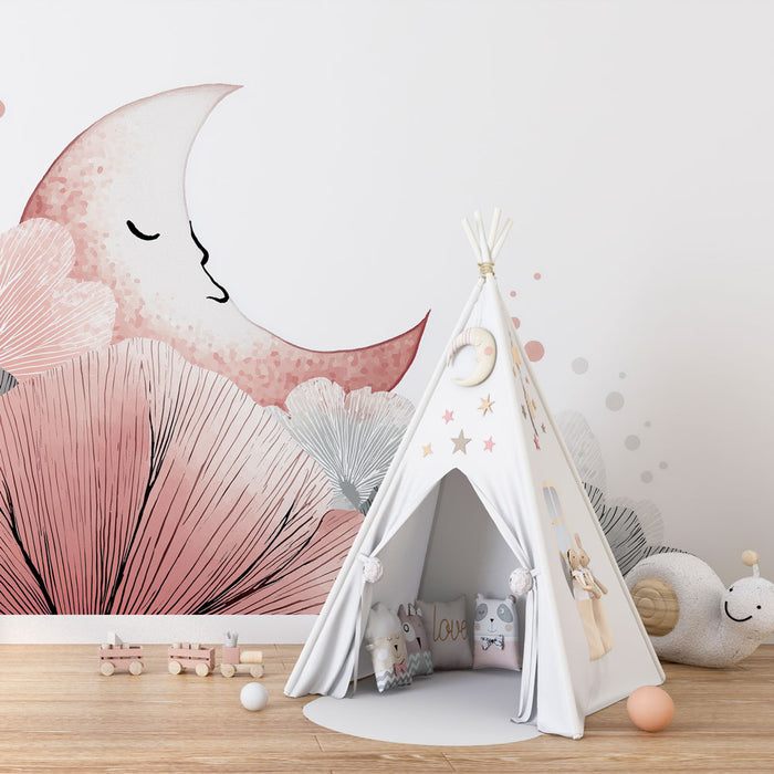 Une chambre d'enfant avec un papier peint doux représentant une lune souriante et des fleurs pastel, créant une ambiance rêveuse et apaisante.