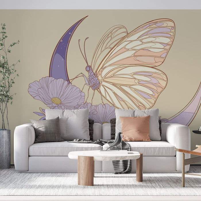 Un salon moderne avec un papier peint illustrant un papillon délicat et des fleurs pastel sur un fond beige, créant une ambiance douce et apaisante.