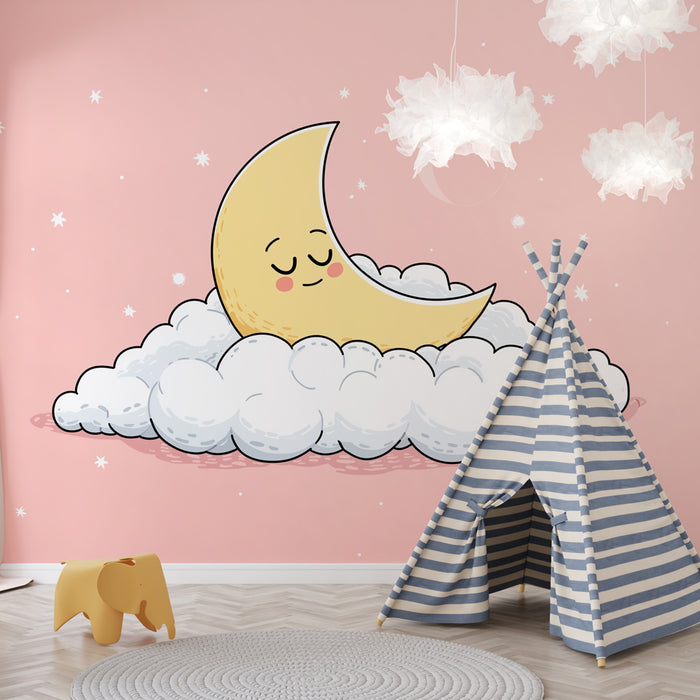 Une chambre d'enfant avec un papier peint ludique représentant une lune souriante sur des nuages, sur fond rose doux, créant une atmosphère joyeuse et apaisante.