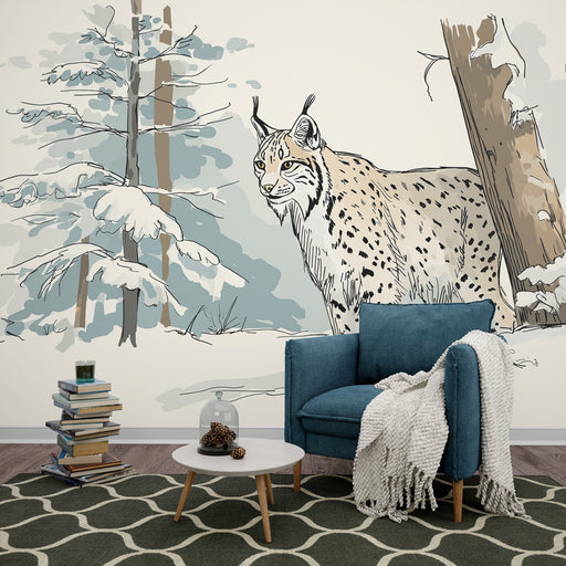 Un salon moderne avec un papier peint illustrant un lynx dans un paysage hivernal, créant une atmosphère naturelle et apaisante.