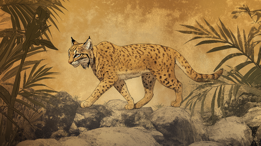 Papier peint lynx Illustration d'un lynx se déplaçant parmi les rochers et la végétation tropicale