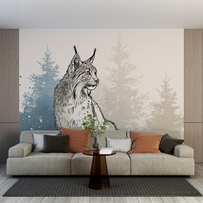 Un salon contemporain avec un papier peint illustrant un lynx stylisé sur fond dégradé de bleu et beige, créant une ambiance naturelle et apaisante.