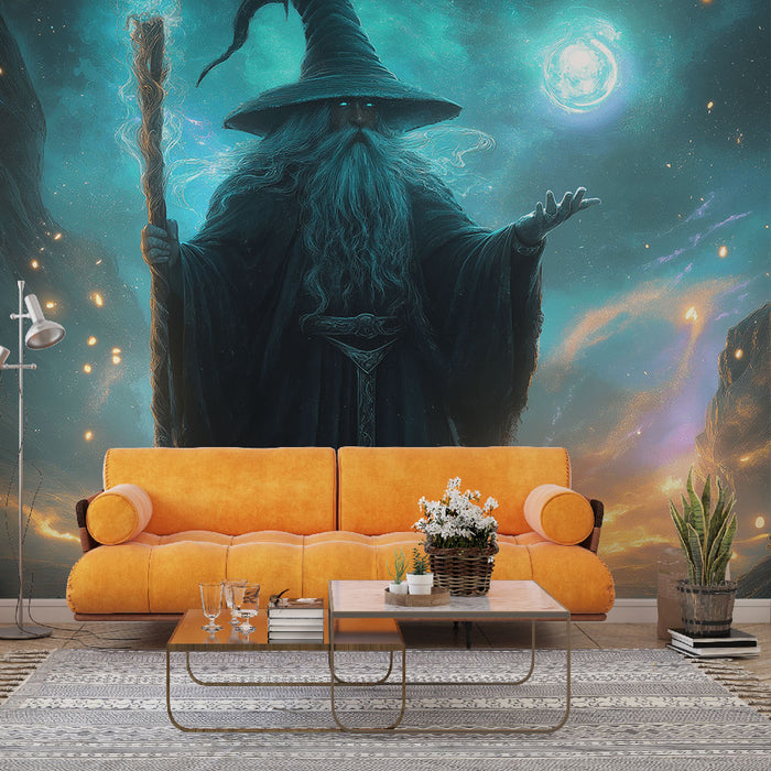 Un salon contemporain avec un papier peint fantastique représentant un mage mystérieux sur fond cosmique, créant une atmosphère magique et envoûtante.