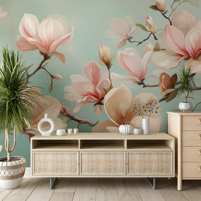 Une pièce lumineuse avec un papier peint floral représentant de grandes fleurs de magnolia aux teintes douces sur fond turquoise, créant une atmosphère apaisante et élégante.