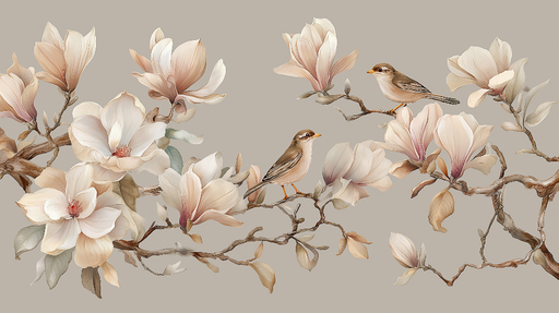 Papier peint magnolia et oiseaux Éclat doux des fleurs de magnolia et chants mélodieux des oiseaux