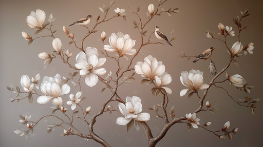 Papier peint magnolia et oiseaux Élégantes fleurs blanches et chants d'oiseaux
