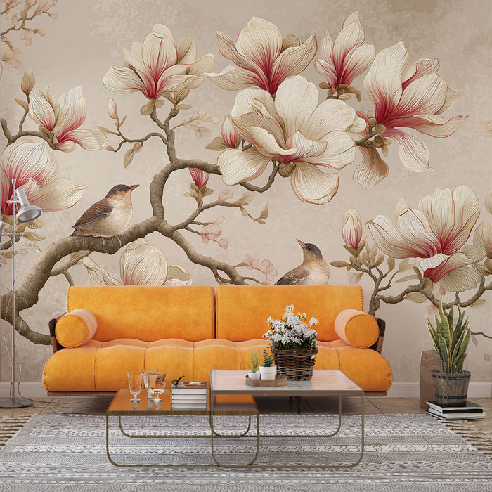 Une salon lumineux avec un papier peint floral représentant de grandes fleurs de magnolia et des oiseaux sur un fond beige, créant une atmosphère douce et apaisante.