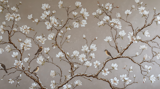 Papier peint magnolia et oiseaux Fleurs blanches et des oiseaux sur des branches