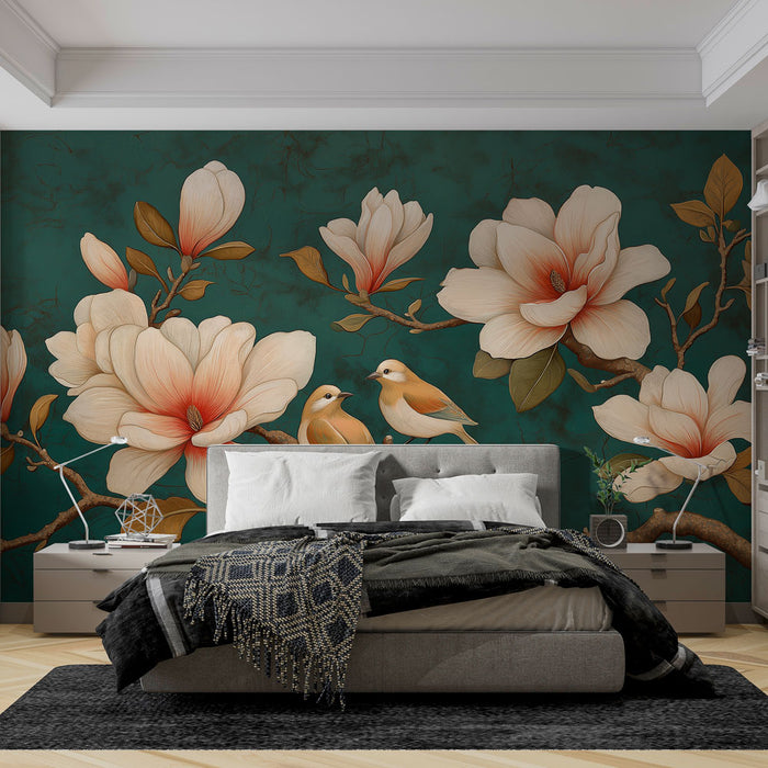 Une chambre élégante avec un papier peint floral représentant de grandes fleurs de magnolia sur fond vert émeraude, créant une atmosphère apaisante et naturelle.
