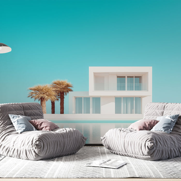 Une pièce moderne avec un papier peint représentant une maison contemporaine blanche et des palmiers sur fond bleu azur, créant une ambiance estivale et relaxante.