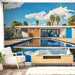 Une pièce lumineuse avec un papier peint représentant une villa moderne au bord d'une piscine, sous un ciel bleu parsemé de nuages, créant une ambiance estivale et relaxante.