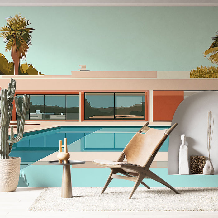 Une pièce moderne avec un papier peint illustrant une villa stylisée au bord d'une piscine, aux teintes pastel et aux motifs graphiques évoquant une ambiance estivale et relaxante.