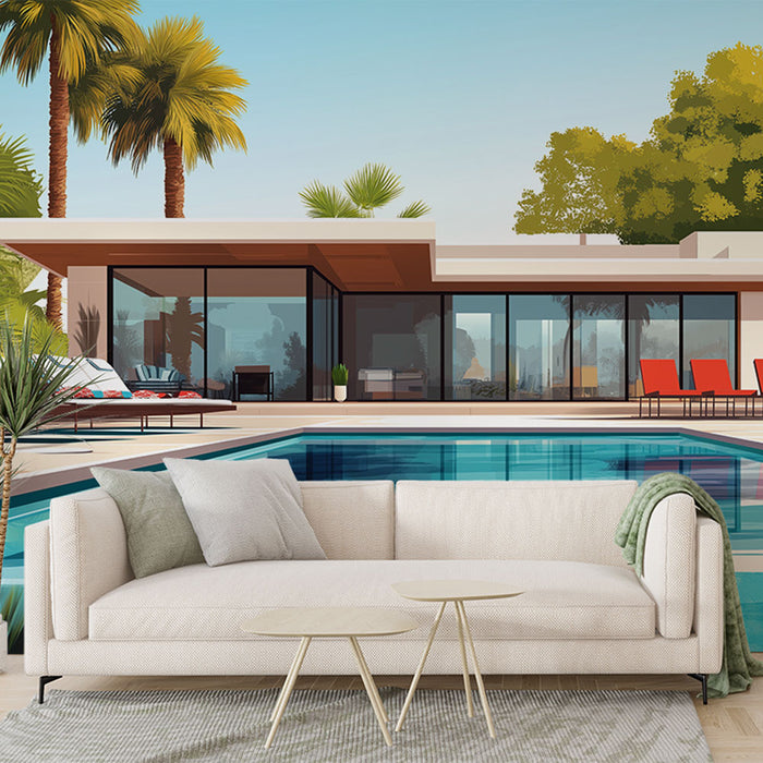 Une pièce de vie moderne avec un papier peint représentant une villa contemporaine entourée de palmiers, évoquant une ambiance estivale et relaxante.