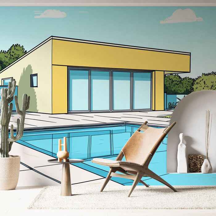 Une pièce moderne avec un papier peint illustrant une maison contemporaine aux lignes graphiques, dans des teintes vives de jaune et de bleu, dégage une atmosphère estivale et dynamique.
