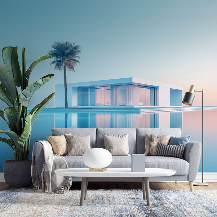 Un salon moderne avec un papier peint représentant une villa minimaliste au bord d'une piscine, dans des teintes de bleu et rose apaisantes.