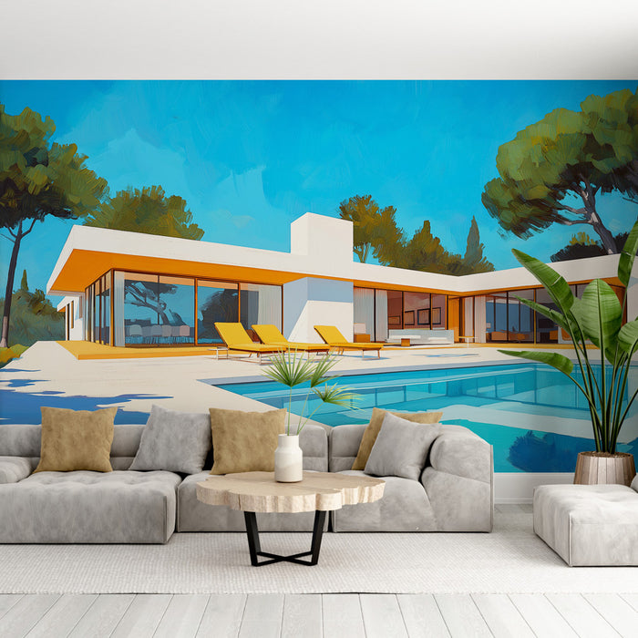 Une pièce moderne avec un papier peint représentant une villa stylisée aux couleurs vives, évoquant une ambiance estivale et relaxante.