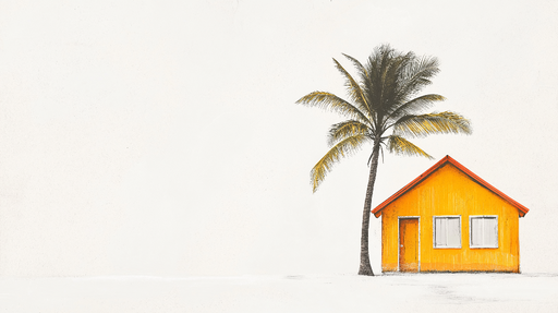 Papier peint maison tropicale Une maison jaune sous un palmier majestueux