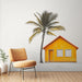Une pièce lumineuse avec un papier peint illustrant une maison jaune au toit orange et un palmier, créant une ambiance tropicale et chaleureuse.