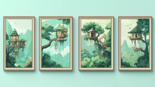 Papier peint maisons dans les arbres Illustrations de cabanes suspendues dans la verdure