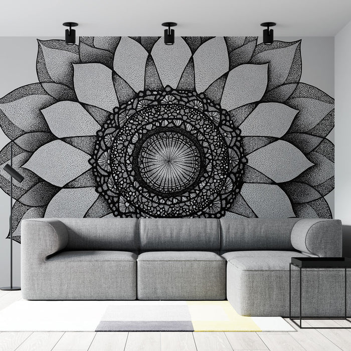 Papier peint mandala floral | Motif inspiré de la nature en noir et blanc