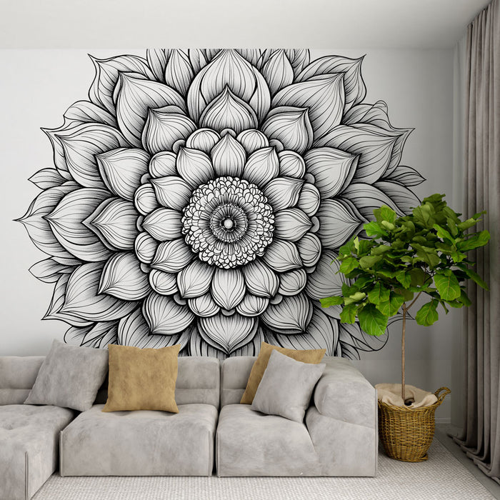 Papier peint mandala floral | Motif mandala élégant en noir et blanc