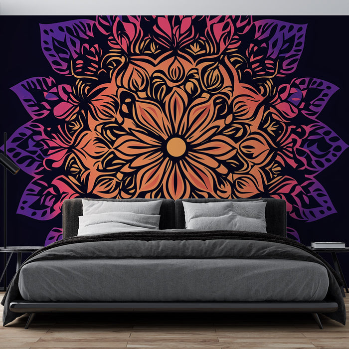 Papier peint mandala | Motif floral en dégradé orange et violet