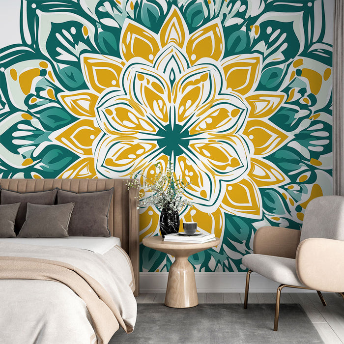 Papier peint mandala | Motif floral vibrant en turquoise et or