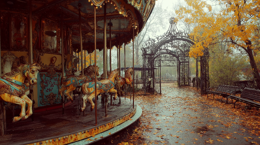 Papier peint manège Manège ancien entouré de feuilles d'automne