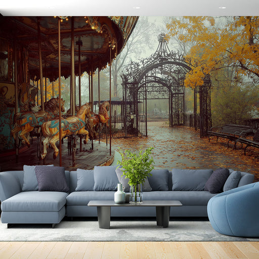 Un salon élégant avec un papier peint représentant un carrousel nostalgique entouré de feuilles d'automne, créant une atmosphère mélancolique et poétique.
