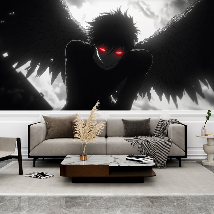 Un salon moderne avec un papier peint noir et blanc représentant une silhouette mystérieuse aux ailes déployées et aux yeux rouges, créant une atmosphère dramatique et captivante.