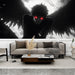 Un salon moderne avec un papier peint noir et blanc représentant une silhouette mystérieuse aux ailes déployées et aux yeux rouges, créant une atmosphère dramatique et captivante.