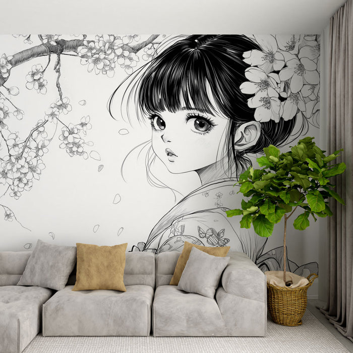 Une pièce moderne avec un papier peint illustratif représentant une jeune femme au style délicat, entourée de fleurs, créant une ambiance artistique et rêveuse.