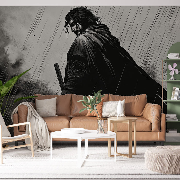 Papier peint manga | Guerrier sous la pluie en noir et blanc