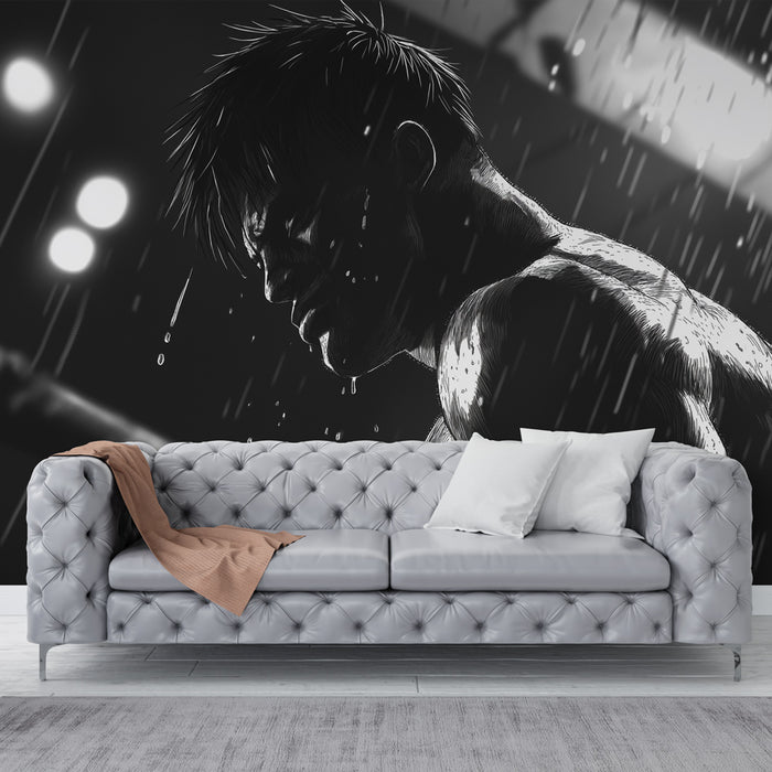 Papier peint manga | Héros sous la pluie en noir et blanc