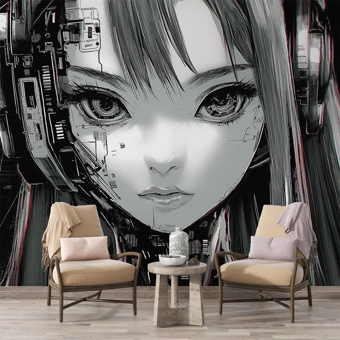 Papier peint manga | Portrait futuriste avec influence technologique