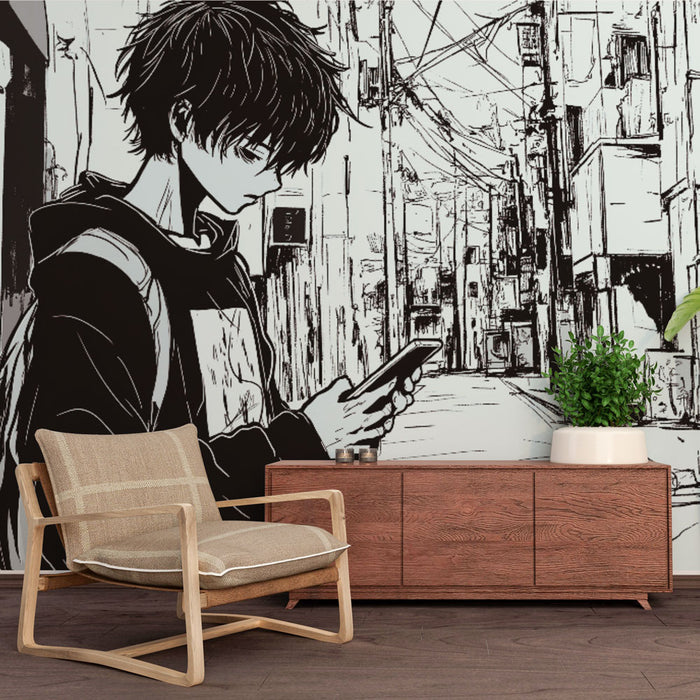 Une pièce moderne avec un papier peint illustrant un jeune homme dans une rue urbaine, en noir et blanc, créant une atmosphère artistique et contemporaine.