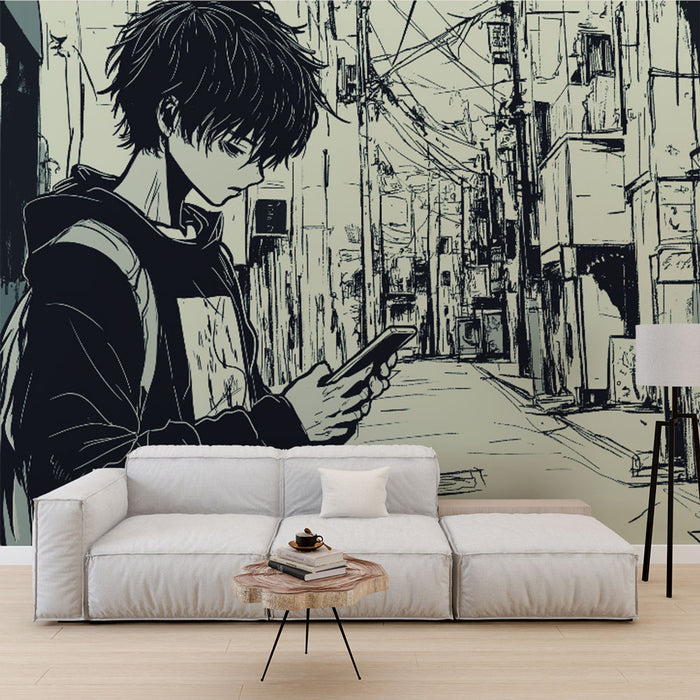Une pièce moderne avec un papier peint illustratif représentant un jeune homme dans une ruelle urbaine, créant une ambiance artistique et contemporaine.