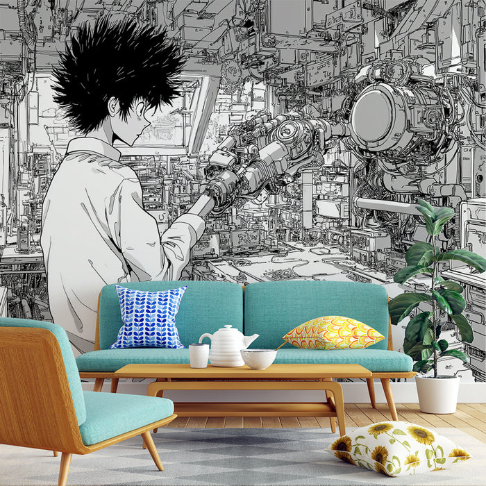 Papier peint manga | Scène futuriste avec personnage et technologie complexe