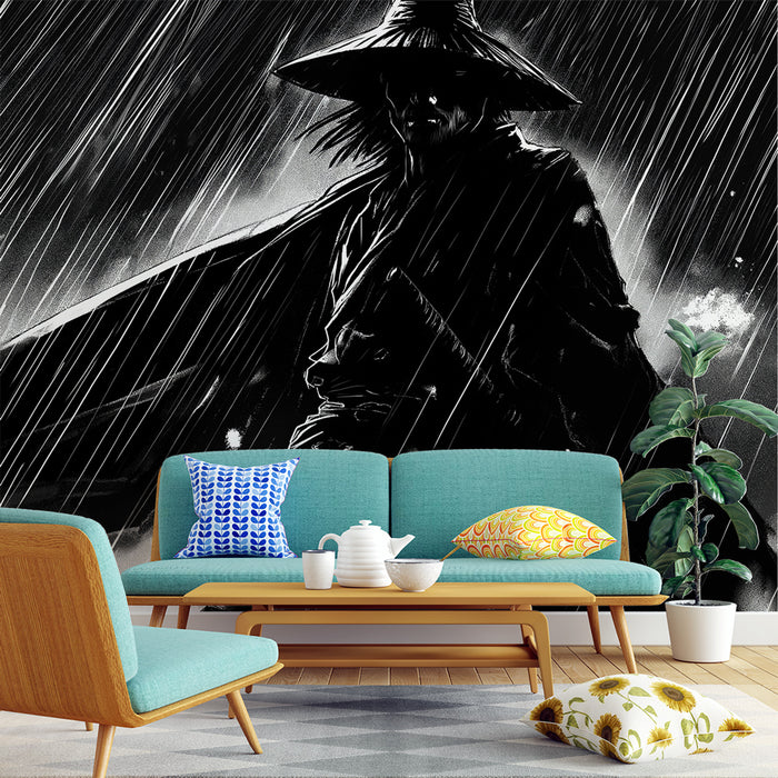 Papier peint manga | Silhouette mystérieuse sous la pluie