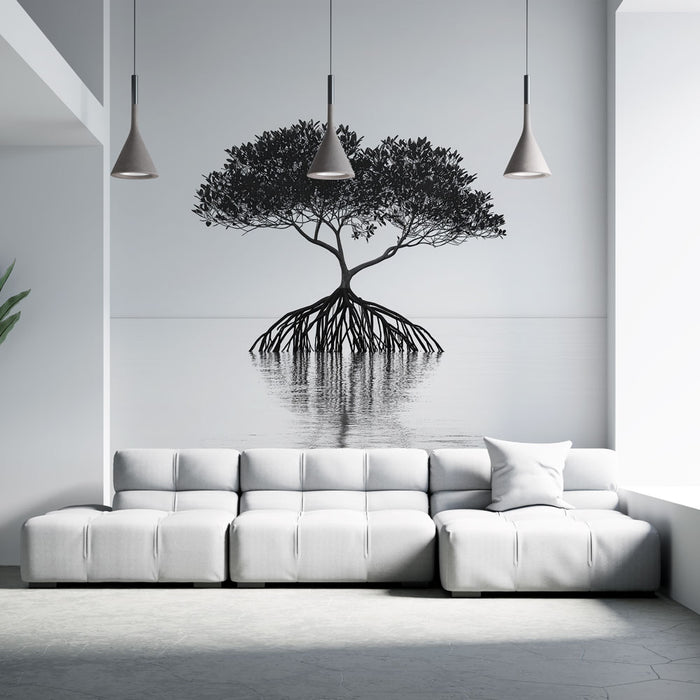 Un salon moderne avec un papier peint représentant un arbre noir stylisé sur fond clair, évoquant une ambiance apaisante et naturelle.