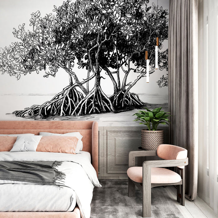 Papier peint mangrove | Illustration élégante de mangrove en monochrome