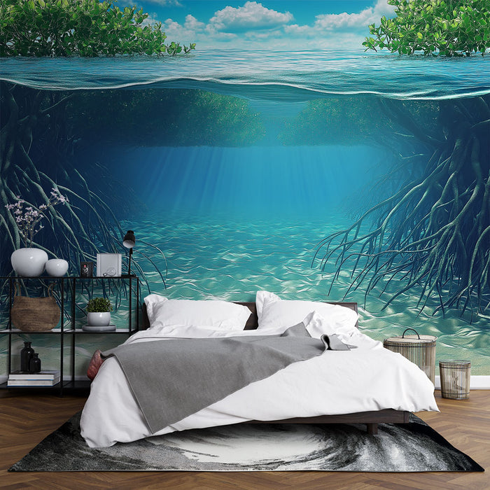 Une chambre moderne avec un papier peint aquatique représentant un paysage sous-marin lumineux, créant une atmosphère apaisante et immersive.
