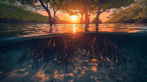 Papier peint mangrove Racines de mangrove au coucher de soleil