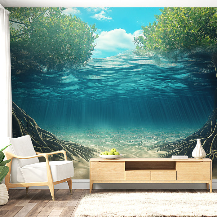 Un salon moderne avec un papier peint représentant un paysage sous-marin apaisant, aux teintes bleu turquoise et aux motifs de racines et de végétation aquatique.