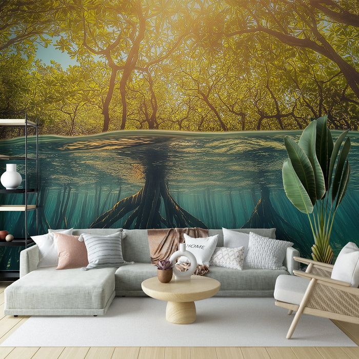 Papier peint mangrove | Sous-marin paisible avec racines de mangroves