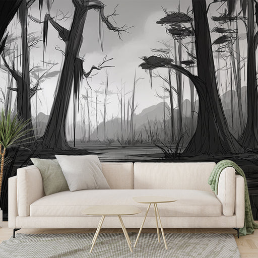 Un salon contemporain avec un papier peint illustrant un paysage sombre et mystérieux de marais, en nuances de noir et gris, créant une atmosphère intrigante et mélancolique.