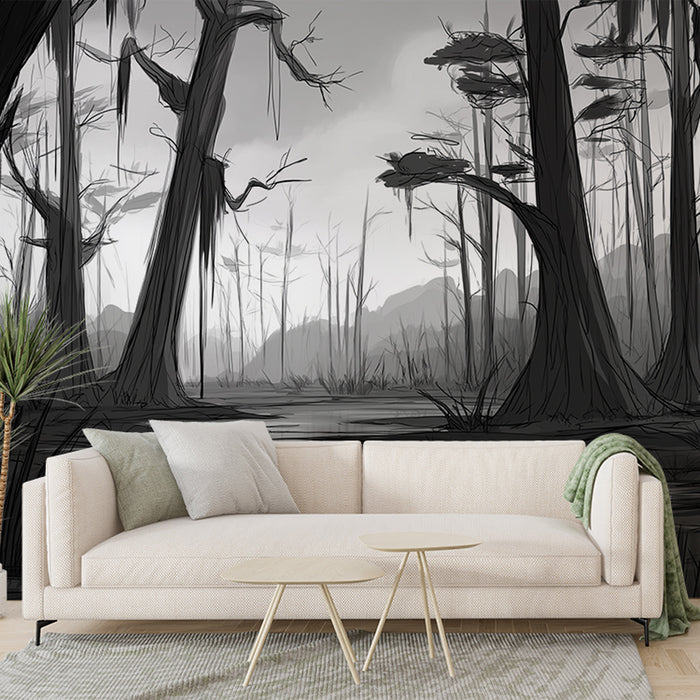 Un salon contemporain avec un papier peint illustrant un paysage sombre et mystérieux de marais, en nuances de noir et gris, créant une atmosphère intrigante et mélancolique.
